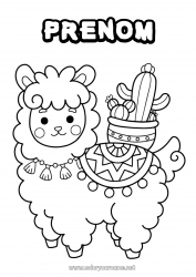 Dessin gratuit Kawaii Lama Cactus Mexique Coloriages intermédiaires Autres animaux du monde