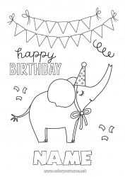 Free drawing Birthday Elephant Party Animal Easy coloring pages Happy Birthday (English) Message Farm animals Wild animals of Africa