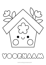 Gratis kleurplaat Schattig Bloemen Kawaii Vogel Lente Eenvoudige kleurplaten Vogels en vliegende zoogdieren Casetta per uccelli