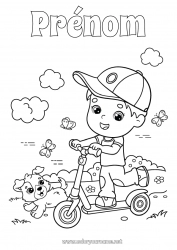 Coloriage gratuit Chien Garçon Été Printemps Papillon Véhicules Animal Trottinette Insectes Chiens et chats Véhicules à deux roues