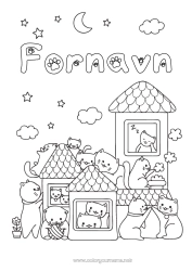 Gratis farvelægning Kat Kawaii Dyr Hus Hunde og katte