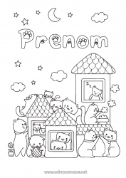 Coloriage gratuit Chat Kawaii Animal Maison Chiens et chats