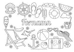 Gratis färgläggning Semester Sommar Frukter Gottigheter, sötsaker Glass Tunga Marin ankar Boj Cocktail Vattenmelon Banan Solstol Resväskor och bagage Solsken glasögon