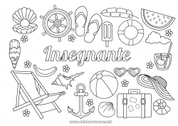 Pagina da colorare per bambini Vacanze Estate Frutta Dolci, zuccherini Gelato Infradito Ancora marina Boa Cocktail Anguria Banana Sdraio Valigie e bagagli Occhiali da sole