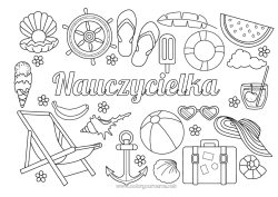 Kolorowanka dla dziecka Wakacje Lato Owoce Słodkości, łakocie Lód Szczypce Kotwica morska Bojka Koktajl Arbuz Banan Leżak Walizki i bagaże Okulary przeciwsłoneczne
