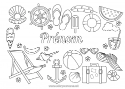 Coloriage à personnaliser Vacances Été Fruits Gourmandises, sucreries Glace Tong Ancre marine Bouée Cocktail Pastèque Banane Transat Valises et bagages