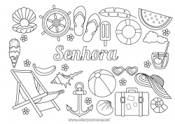 Página de desenho infantil Férias Verão Frutas Guloseimas, doces Sorvete Chinelo Âncora marinha Boia Coquetel Melancia Banana Espreguiçadeira Valises et bagages Óculos de sol
