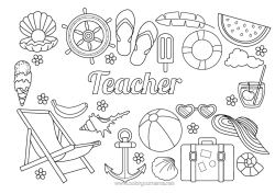 Free colouring Holidays Summer Fruit Treats, sweets Ice cream Tongue Marine anchor Buoy Cocktail Watermelon Banana Deck chair Luggage and bags Sunglasses Boat Bar
