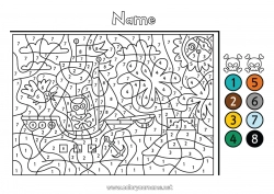 Free coloring Number Pirate Sea Coloring by numbers Children's activities Boat Maritime vehicles