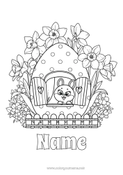 Free coloring Cute Bunny Animal Easter eggs Daffodils Big easter egg House Forest animals