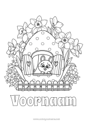 Gratis kleurplaat Schattig Konijn Dier Paaseieren Narcissen Grote paasei Huis Bosdieren Venster