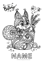 Free colouring Birthday Mandala Squirrel Complex colouring pages Happy birthday message Forest animals
