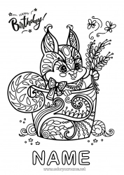 Free coloring Birthday Mandala Squirrel Complex coloring pages Happy Birthday (English) Message Forest animals