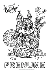 Pagină de colorat gratuită Aniversare Mandala Veveriță Desene de colorat complexe La mulți ani! Animale din pădure