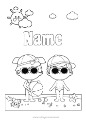 Free colouring Girl Boy Beach Sea Sunglasses