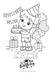 Free colouring Cake Gifts Birthday Balloons Boy Intermediate colouring sheets Happy birthday message