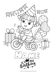 Colouring to customise Gifts Birthday Balloons Party Girl Intermediate Colouring Sheets Bicycle Happy Birthday Message Two-Wheeled Vehicles Tricycle