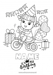 Free coloring Gifts Birthday Balloons Party Girl Intermediate coloring pages Bike Happy Birthday (English) Message Two-wheeled vehicles