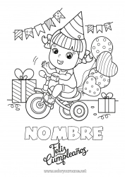 Colorear gratis Regalos Cumpleaños Globos Fiesta Chica Dibujos intermedios para colorear Bicicleta Mensaje de feliz cumpleaños (inglés) Vehículos de dos ruedas