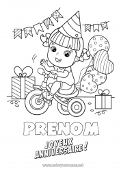 Coloriage gratuit Cadeaux Anniversaire Ballons Fête Fille Coloriages intermédiaires Vélo Joyeux anniversaire (français) Message Véhicules à deux roues