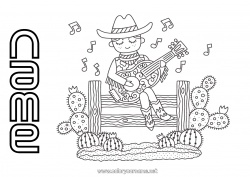 Free coloring USA Music Cactus Cowboy Far West World Music Day