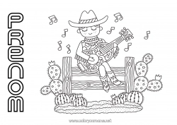 Coloriage gratuit USA Musique Cactus Cow-boy Far West Fête de la musique