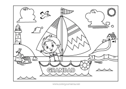 Free colouring Boy Summer Sea Vehicles Boat Intermediate colouring sheets Birds and flying mammals Lighthouse Marine vehicles Seagull