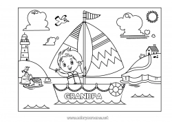 Child coloring page Boy Summer Sea Vehicles Boat Intermediate coloring pages Flying birds and mammals Lighthouse Maritime vehicles Seagull, gull