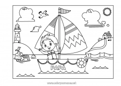 Pagina da colorare per bambini Ragazzo Estate Mare Veicoli Barca Disegni intermedi Uccelli e mammiferi volanti Faro Veicoli marittimi Gabbiano, gabbiano