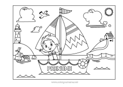 Pagină de colorat pentru copii Băiat Vara Mare Vehicule Barcă Colorează intermediare Păsări și mamifere zburătoare Far Vehicule maritime Păsări de mare, pescăruș