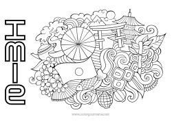 Kolorowanka do personalizacji Geografia Japon Flaga Symbole Kraj Czereśnia Pagoda