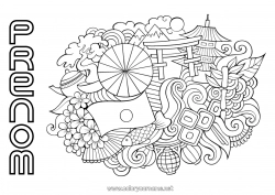 Coloriage à personnaliser Géographie Japon Drapeau Symboles Pays Cerisier Pagode