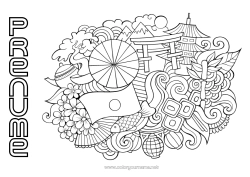 Pagină de colorat personalizată Geografie Japon Steag Simboluri Țară Cireș Pagodă