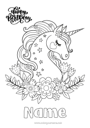 Free colouring Birthday Cute Unicorn Intermediate colouring sheets Happy birthday message Dragons, unicorns, and fantastical creatures