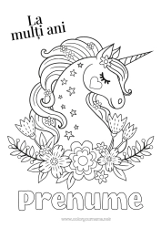 Pagină de colorat gratuită Aniversare Drăguț Unicornă Colorează intermediare La mulți ani! Dragoni, unicorni și animale fantastice