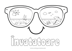 Pagină de colorat pentru copii Vara Soare Plajă Desene de colorat ușoare Umbrelă de soare Ochelari Smilley Ochelari de soare