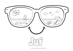 Gratis kleurplaat Zomer Zon Strand Eenvoudige kleurplaten Parasol Bril Smiley Zonnebril