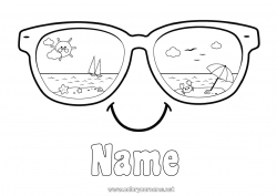 Free coloring Summer Sun Beach Easy coloring pages Parasol, Beach umbrella Glasses Smiley Sunglasses