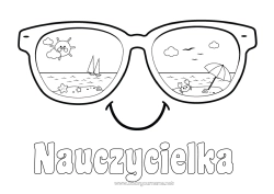 Kolorowanka dla dziecka Lato Słońce Plaża Łatwe kolorowanki Parasol Okulary Smilley Okulary przeciwsłoneczne