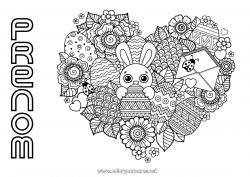 Coloriage gratuit Fleurs Coeur Printemps Lapin Animal Oeufs de Pâques Pâques Animaux de la forêt