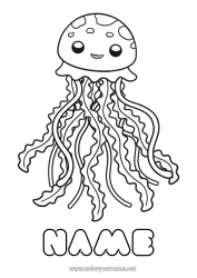 Free coloring Cute Kawaii Summer Jellyfish Sea Animal Easy coloring pages Marine or aquatic animals