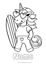 Colouring to customise Sport Unicorn Summer Sea Animal Easy Colouring Pages Surfing Dragons, Unicorns, And Fantastical Creatures Water Sports Sunglasses