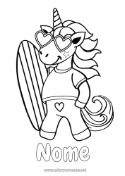 Disegno gratuito Sport Unicorno Estate Mare Animale Disegni da colorare facili Surf Draghi, unicorni e animali fantastici Sport acquatici Occhiali da sole