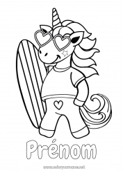 Coloriage gratuit Sport Licorne Été Mer Animal Coloriages faciles Surf Dragons, licornes et animaux fantastiques Sports nautiques Lunettes de soleil