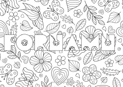 Gratis färgläggning Blommor Vår Fjäril Blad Utsmyckat namn Mellannivå färgläggningar Komplexa målarbilder Insekter