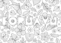 Gratis fargelegging Blomster Vår Sommerfugl Blader Dekorert navn Mellomliggende fargelegginger Komplekse fargelegginger Insekter