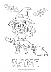 Free coloring Bat Broomstick Witch Halloween Flying birds and mammals