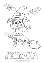 Coloriage gratuit Chauve-souris Balai Sorcière Halloween Oiseaux et mammifères volants