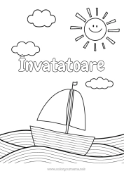 Pagină de colorat pentru copii Vara Mare Vehicule Barcă Vapor cu pânze Desene de colorat ușoare Colorează intermediare Vehicule maritime Valuri