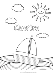 Colorazione gratuita Estate Mare Veicoli Barca Vela Disegni da colorare facili Disegni intermedi Veicoli marittimi Onde